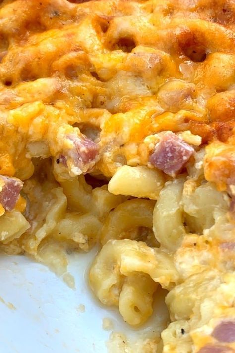 Casserole dish of oven baked mac and cheese with ham Ham And Cheese Mac And Cheese, Baked Mac And Cheese Recipe With Ham, Ham And Cheese Casserole Recipes, Ham Pasta Casserole Recipes, Ham And Mac And Cheese Casserole, Ham Mac And Cheese Casserole Easy Recipes, Mac And Cheese And Ham Casserole, Macaroni And Ham Casserole, Macaroni Cheese And Ham Casserole