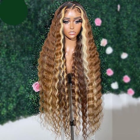 Highlighted Deep Wave Wig, Blonde Deep Wave Wig, Highlight Deep Wave Wig, Honey Blonde Deep Wave, Deep Wave Wig, Brown With Blonde Highlights, Frontal Wig Hairstyles, Human Hair Color, Wave Wig