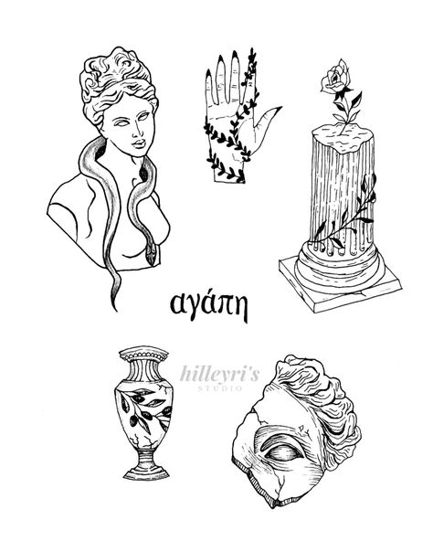 Greek mythology flash⚜️ . . . #tattoos #greekmythologytattoo #flashtattoo #minimaltattoo #tattooapprentice Cassandra Greek Mythology Tattoo, Tattoo Greek Symbol, Greek Flash Tattoo, Green Mythology Tattoo, Greek Themed Tattoos, Hades Tattoos, Greek Myth Tattoos, Cassandra Greek Mythology, Greece Mythology Tattoo