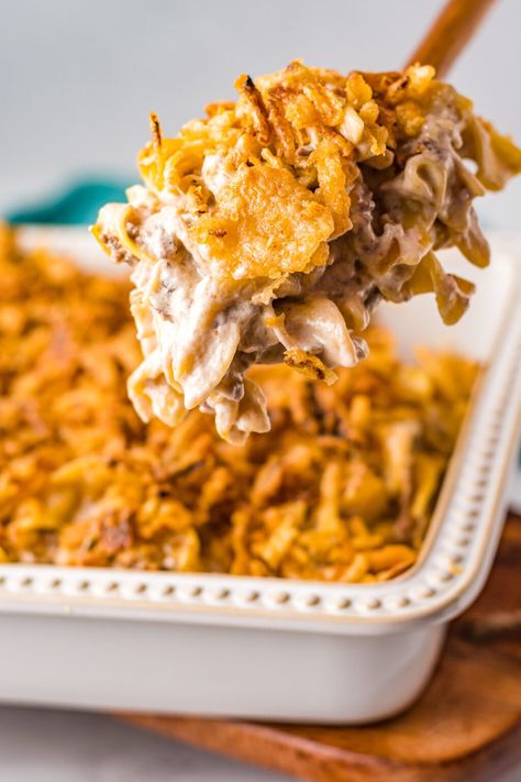 French Onion Beef Casserole - Kitchen Divas Easy Beef Casserole, Onion Beef Casserole, French Onion Beef Casserole, French Onion Dip Mix, Beef Potato Casserole, French Onion Casserole, Creamy Noodles, French Onion Beef, Homemade French Onion Dip