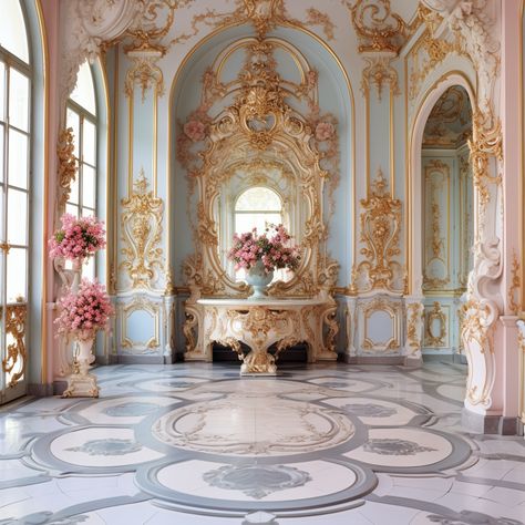 Rococo: Known for its light, ornate, and delicate style, often featuring pastel colors and decorative motifs Pastel Rococo Aesthetic, Rococo Dining Room, Rococo Home Decor, Rococo Style Interior Design, French Rococo Aesthetic, Rococo Background, Modern Rococo Aesthetic, Rococo Coquette, Rococo Party