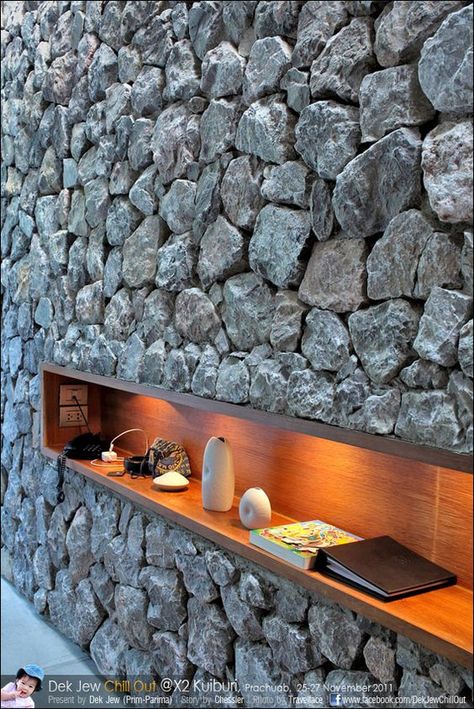 Inset display shelf in rock wall with downlighting. Iconic stone walls at X2 Kui Buri resort Thailand: Rock Wall Interior, Living Room Cozy Warm, Indoor Stone Wall, Stone Wall Interior Design, Stone Shelf, Room Architecture, Rock Pattern, Stone Walls Interior, Case In Pietra