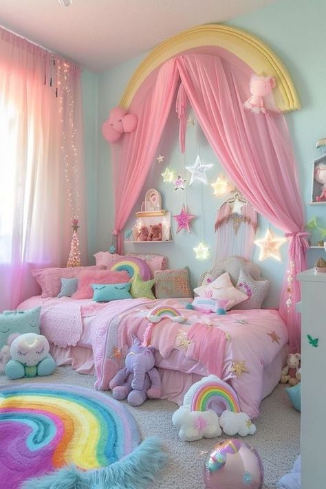 Pink Kids Bedrooms, Rainbow Bedroom, Big Girl Bedrooms, Toddler Girl Room, Kids Bedroom Inspiration, Toddler Room Decor, Rainbow Room, Cute Bedroom Ideas, Girl Bedroom Designs