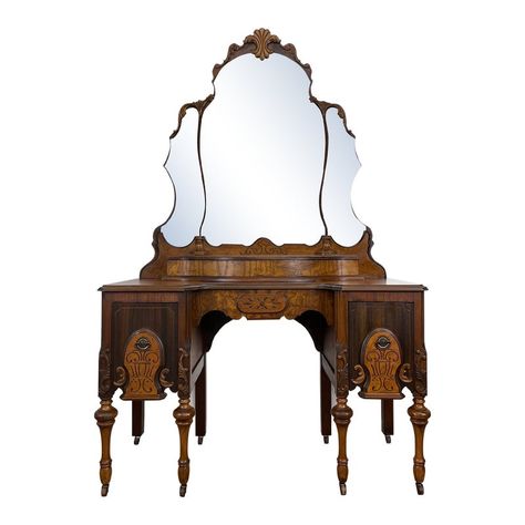 This beautiful, rich walnut wood vanity is the perfect addition to your master suite, entryway or as a dressing table in your guest room. This piece features two spacious dovetail drawers with hinged serpentine glove box to store your most used jewelry or makeup.   The original, etched mirror has a lovely patina that only time can produce. Imagine the faces and stories this antique beauty has seen, then envision yourself looking in the antique glass for one final check before you go about your d Painted Vanity Makeup, Antique Vanity Ideas, Southern Gothic House, Vintage Makeup Vanity, Antique Vanity Mirror, Antique Vanity Table, Vintage Makeup Vanities, Triple Mirror, Random Reference