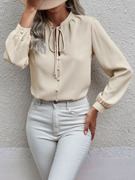 Apricot Elegant Collar Long Sleeve Fabric Plain Shirt Embellished Non-Stretch  Women Tops, Blouses & Tee Office Tops For Women, Women Shirt Designs, Cotton Tops Designs, Stile Boho Chic, Style Désinvolte Chic, Stylish Tops For Women, Style Casual Chic, Formal Tops, Women Blouses Fashion