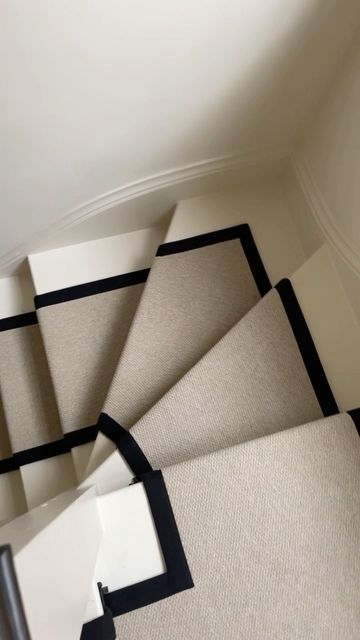 Derya - Vintage Home Interiors on Instagram: "Stair runner 🖤 Quite often I get asked about our stair runner because people message me to say that they have received an expensive quote. I too had the same experience and when you have kids and cats, you don’t necessarily want your stair runner to be a massive financial investment. What we did instead was to choose a normal carpet (not advertised as a stair runner) and we added black taping and black bars to create the look we wanted, for a price Taped Stair Runner, Black Stair Treads With Runner, Plain Stair Runner, Dark Stair Runner, Black Stairs With Runner, Expensive Quotes, U Shaped Stairs, Luxury Stairs, Black Bars