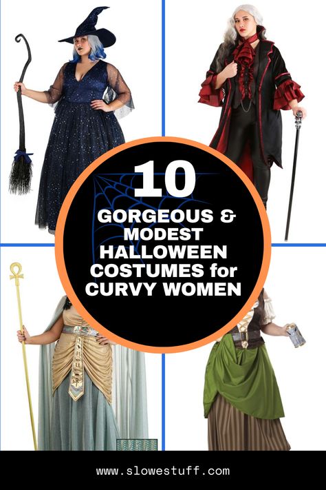 Image of women wearing halloween costumes with banner that reads 10 gorgeous and modest halloween costumes for curvy women and website www.slowestuff.com Vampire Plus Size Costume, Simple Plus Size Halloween Costumes, Homemade Plus Size Costumes For Women, Plus Size Scarecrow Costume Diy, Halloween Costumes For Midsize Women, Diy Pirate Costume For Women Plus Size, Costume Ideas For Plus Size Women, Diy Halloween Costumes Plus Size Women, Women’s Plus Size Halloween Costume Ideas