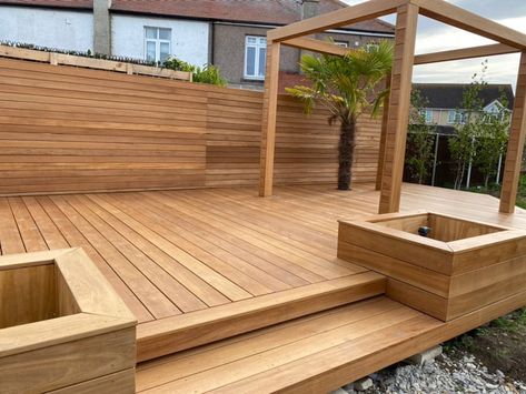 Yellow Balau Decking, Wood Terrace Outdoor, Large Decking Ideas Garden, Timber Decking Ideas Outdoor, Light Wood Deck, Raised Decking Ideas Garden, Decking Area Ideas, Decking With Pergola, Decking Ideas Outdoor