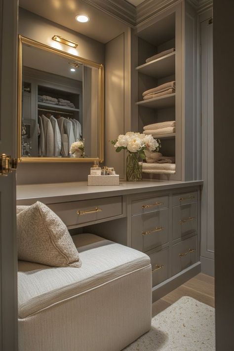 Add a touch of luxury to your closet with a built-in vanity area. Incorporate a chic mirror, ample lighting, and a sleek countertop for the perfect place to get ready. 💄✨👗 #LuxuryCloset #VanityArea #HomeDecor #GlamorousLiving Built In Vanity In Closet, Built In Vanity Ideas, Closet With Vanity Built In, Walk In Closet Ideas With Vanity, Vanity In Closet, Walk In Closet Vanity, Closet With Vanity, Luxurious Closet, Built In Vanity