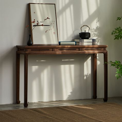 Transform your home decor with our top-rated Solid Wood Walnut Console Table - the ultimate statement piece for any space. Its mid-century modern style and sleek design are sure to impress, while its solid wood construction ensures durability and longevity. Crafted with exceptional attention to detail, this console table boasts a stunning and sophisticated design that will elevate any room in your home. Perfect for displaying your favorite decorative items or creating a focal point in your entry Entryway Console Table Decorating, Entry Console Table Decor, Scandinavian Console Table, Wood Entryway Table, Mid Century Modern Console, Mid Century Modern Console Table, Wood Entryway, Console Table Entryway, Entry Console Table