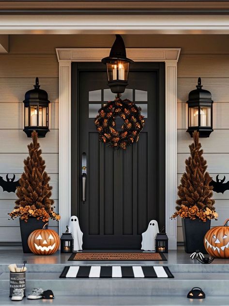 Modern Farmhouse Outdoor Halloween Decor, Halloween Fall Front Porch Decor, Halloween Outdoor Porch Decorations, Halloween Decorations Porch Outdoor, Halloween Decor Exterior, Halloween Witches Decorations Outdoor, Simple Halloween Porch Decor, Front Porch Halloween Decor Ideas, Modern Fall Front Porch