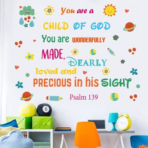 Wall Clings Decals, School Nursery Room Ideas, Cute Classroom Sayings, Children’s Ministry Church Decor, Children Church Decor Ideas, Sunday School Wall Decor, Children Ministry Rooms Decor, Kindergarten Classroom Wall Decor Ideas, Kids Playroom Wall Ideas