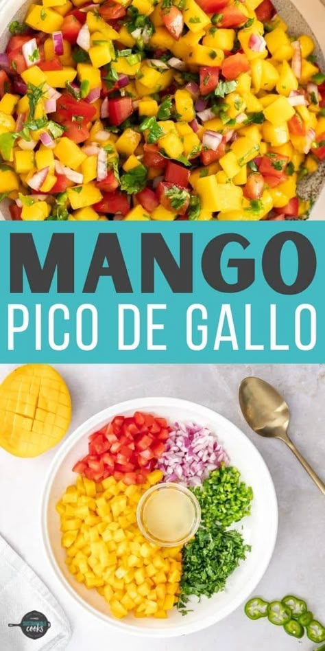 Homemade Mango Pico de Gallo is a delightful and quick salsa you can use to top lots of recipes, or enjoy it with crispy tortilla chips. You'll love the bright and fresh flavors of this fresh salsa. Mango Pico, Quick Salsa, Fresh Mango Salsa, Fresh Salsa Recipe, Mango Salsa Recipes, Recipes Authentic, Grilled Meats, Fruit Salsa, Spanish Dishes