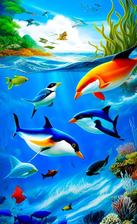 So God created great sea creatures and every living thing that moves, with which the waters abounded, according to their kind, and every winged bird according to its kind. And God saw that it was good. Genesis 1, Gods Creation, Stone Painting, Sea Creatures, Birds, Stone, Water, Animals, Quick Saves