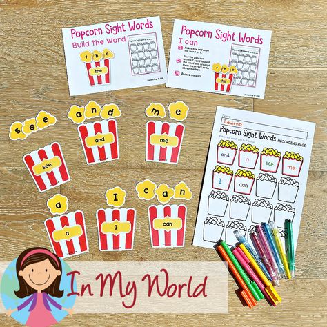 Editable Popcorn Sight Word Center - In My World Popcorn Words, Popcorn Theme, Second Grade Sight Words, Sight Word Centers, Popcorn Shop, Kindergarten Reading Activities, Spelling Activities, Kindergarten Learning, Movie Themes