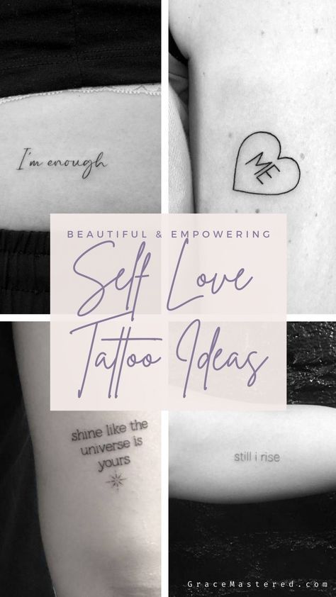 Small Tattoo For Self Love, Tattoo Reminder To Be Present, Unique Minimalist Tattoo Self Love, Dainty Phrase Tattoos, Small Self Love Tattoo Symbols, Love Others Tattoo, Unapologetically Me Tattoo Ideas, Your Are Enough Tattoo, Self Love Words Tattoo