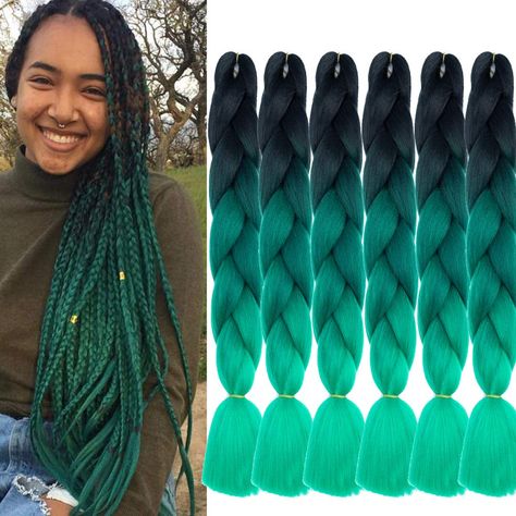 Green Braids, Green Hair Extensions, Black And Green Hair, Twisted Braids, Marley Braids, Kanekalon Hair, Jumbo Braiding Hair, Braids Black, Yaki Hair