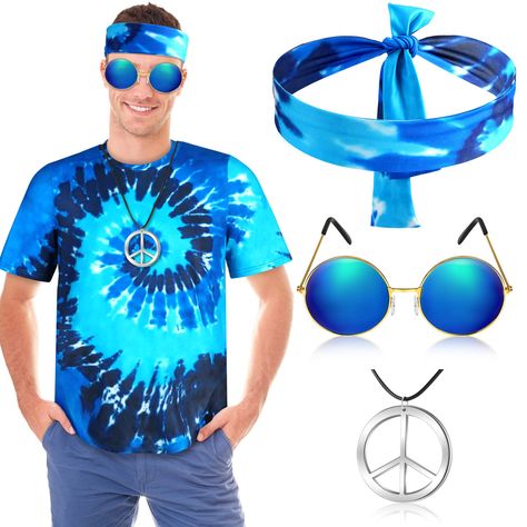 PRICES MAY VARY. 60s 70s Outfits for for Men Set: you will receive 1 piece of men's colorful tie-dye t-shirts, 1 piece of boho headband, 1 piece of peace sign necklace, and 1 pair of retro sunglasses, these hippie accessories will bring you an attractive charm, make you the focus of the theme party Quality Material: this 60s 70s men's hippie outfits is supported by quality polyester material, well made, the material is soft and skin friendly, comfortable to the touch, and the color is correct; T 70s Theme Outfits For Men, Boys 70s Outfit Ideas, Hippie Mens Outfits, Mens Hippie Outfits, 70s Theme Outfit, Decades Party Outfit, 70s Hippie Outfits, Hippie Costume Diy, Hippie Outfits 70s