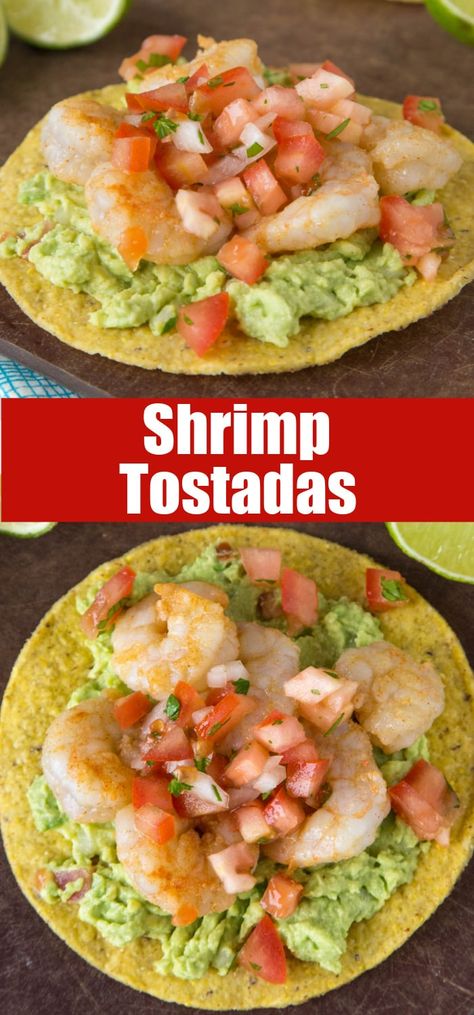 Shrimp Avocado Tostadas, Fish Tostada Recipes, Takumi Shrimp Tostadas, Tostada Topping Ideas, Recipes With Guacamole Dinners, Recipe With Guacamole, Mini Shrimp Tostadas, Crab Tostadas Recipe, Shrimp Tostadas Mexican