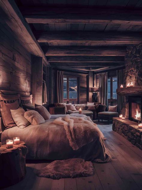 23+ Romantic Mountain Cabin Bedroom Ideas Dark Cabin Interior Aesthetic, Cozy Log Cabin Bedroom, Cabin Master Suite, Fireplace Bedroom Ideas Master Suite, Romantic Cabin Bedroom, Bedroom Inspirations Cozy Romantic, Mountain Bedroom Ideas, Cozy Country Bedroom, Mountain Cabin Bedroom