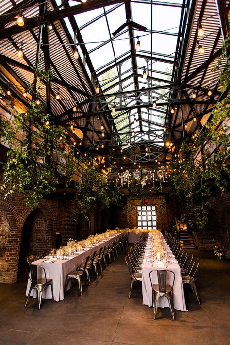 Outdoor Greenhouse Wedding, Wedding Ideas Industrial, The Foundry Long Island City, Wedding Reception Greenhouse, Industrial Venue Wedding, Industrial Wedding Aesthetic, Greenhouse Wedding Aesthetic, Industrial Warehouse Wedding, Cottage Core Wedding Venue Aesthetic