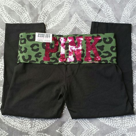 Vs Pink Cropped Leggings. Cute Animal Military Green Print And Pink Sequins. Never Been Worn With Tags Attached. Pink And Green 2000s, Bakugo Shifting, 2000s Leggings, Mcbling Outfits, 2000s Pants, Thrift Manifest, Mcbling Fashion, Trashy Outfits, Easy Diy Clothes