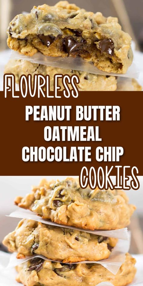 Flourless Peanut Butter Chocolate Chip Cookies, Peanut Butter Oatmeal Chocolate Chip, Peanut Butter Oatmeal Chocolate Chip Cookies, Cookies Sans Gluten, Butter Oatmeal Cookies, Flourless Cookies, Biscuits Diététiques, Dessert Sans Gluten, Patisserie Sans Gluten