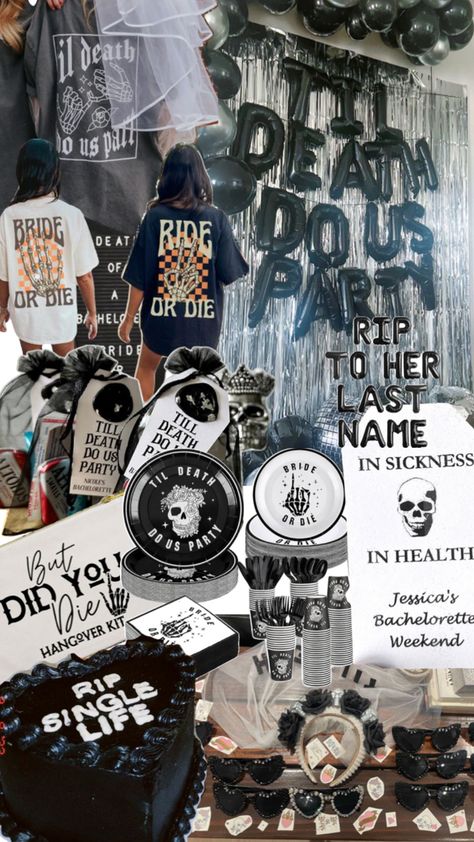 Grunge Bachelorette Party, Goth Party Decorations, Dark Bachelorette Party, Black Bachelorette Party, Bachelorette Miami, Vegas Bachelorette, Party Tablescapes, Bday Party, Punk Rock