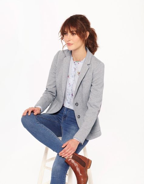 Gerrie Light Grey Multi Fleck Jersey Tweed Blazer  | Joules US Light Gray Blazer Outfit Women, Gray Blazer Outfit Women Business Attire, Light Grey Blazer Women Outfits, Grey Blazer Outfit Women, Grey Blazer Women Outfit, Gray Blazer Outfit Women, Gray Blazer Outfit, Short Jacket Outfit, Cream Blazer Outfit