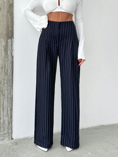 Regular Fit With Stripe Pattern Pant Navy Blue Elegant   Polyester Colorblock,Striped Wide Leg Non-Stretch  Women Clothing, size features are:Bust: ,Length: ,Sleeve Length: Solid Color Pants, Leg Avenue, Mini Shorts, Lace Ruffle, Tall Women, Pants Pattern, Inspiration Mode, Two Piece Outfit, Daily Outfits