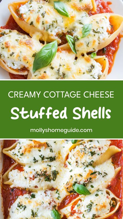 Indulge in the ultimate comfort food with these delicious cottage cheese stuffed shells. This creamy dish is perfect for a cozy night in or to impress your friends and family at your next gathering. The combination of tender pasta shells filled with rich cottage cheese mixture is sure to satisfy your cravings. Whether you're a vegetarian looking for a hearty meal or simply a pasta lover, these stuffed shells are a must-try.  Ingredients 12 jumbo pasta shells 2 cups pasta sauce 1 and 1/2 cups shr Stuffed Shells Mozzarella Cheese, Stuffed Shells Cheese, Jumbo Stuffed Shells Recipe, White Sauce Stuffed Shells, Recipes For Stuffed Shells, Cottage Cheese Stuffed Shells, Stuffed Shells Cottage Cheese, Stuffed Shells Italian, Stuffed Shells With Cottage Cheese