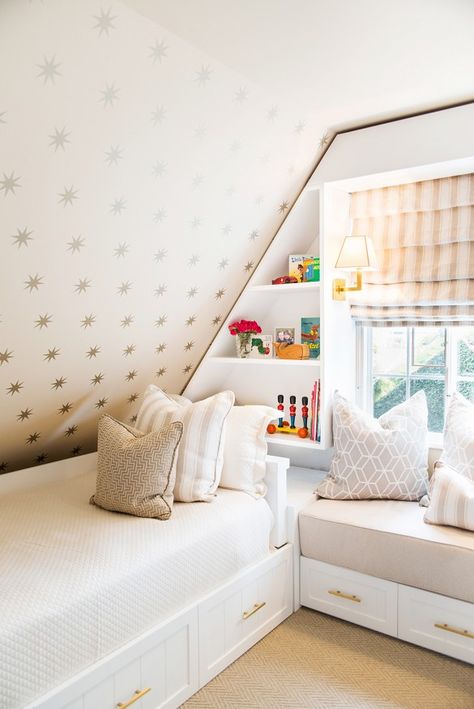 Kid's room with sloped ceiling, gold star wallpaper, and built-in bookshelves. Teenage Attic Bedroom, Small Attic Room, Attic Design Ideas, Attic Room Ideas, Attic Bedroom Small, Attic Bedroom Storage, Attic Bedroom Designs, Small Attic, Attic Design