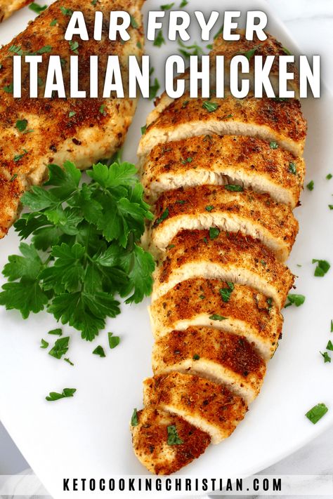 Air Fryer Italian Chicken This delectable Air Fryer Italian Chicken recipe starts chicken perfectly seasoned with a zesty homemade Italian dressing mix. Cooked effortlessly in your air fryer until tender and juicy, your family will love it! #airfryerchicken #airfryerketo Air Fryer Chicken For Pasta, Air Fryer Chicken For Alfredo, Italian Chicken Recipes Air Fryer, Air Fryer Chicken Alfredo Recipe, Marry Me Chicken Air Fryer, Italian Chicken In Air Fryer, Air Fryer Chicken Seasoning, Italian Dressing Chicken Air Fryer, Air Fryer Recipes Italian