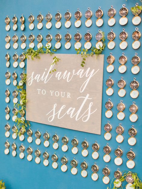 Compass Escort Cards on Nautical-Inspired Seating Chart. Seating Chart Wedding Ideas, Martha Weddings, Nautical Wedding Theme, Floral Wedding Decorations, Grand Lake, Lakeside Wedding, Coastal Wedding, Lake Wedding, Nautical Wedding