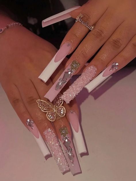 Unique Nails Long Latina Nails, Pink Exotic Nails, Xl Nails Acrylic, Simple Long Acrylic Nails, Long Bling Nails, Pink Bling Nails Rhinestones, Latina Nail Designs Pink, Extra Baddie Nails, Xxl Acrylic Nails