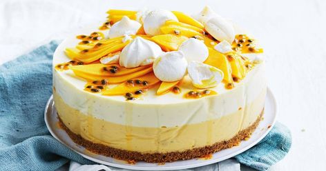 With juicy mangoes in season, there's no time like the present to make this mango and passionfruit cheesecake. Mango And Passionfruit, Passionfruit Cheesecake, Mango Cheesecake, Dessert Bites, Ginger Nut, Salty Cake, Fruity Desserts, Slices Recipes, Baking Ideas