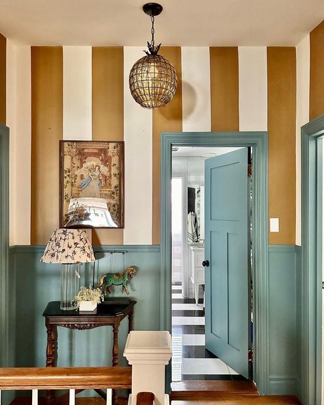 Colorful Sophisticated Decor, Striped Entryway, Colorful Entryway, Colored Trim, Casa Country, Striped Walls, Mudroom Bench, The Design Files, House Inspo