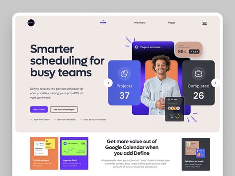 Scheduling tool Landing Page Website Design by Masud Rana on Dribbble Software Website Design, Tech Landing Page, Banner Website Design, Ui Ux Design Website, Tech Website, Kings College, Marketing Website Design, Layout Web, Web Design Websites