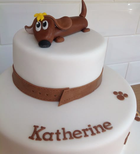 Sausage dog cake Sausage Dog Cake Topper, Sausage Dog Birthday Cake, Dachshund Cake Ideas, Sausage Dog Cake, Dachshund Cake, Dog Themed Birthday Party, Dog Cake Topper, Creative Baking, Dog Birthday Cake