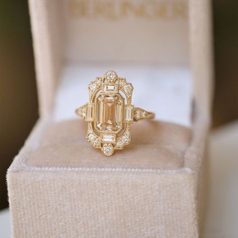 Fairmont Art Deco Champagne Diamond Ring | Berlinger Jewelry Art Deco Halo Ring, Antique Engagement Rings Vintage 1920s Diamond, Non Traditional Engagement Rings Vintage, Vintage Wedding Rings 1920s, Vintage Emerald Cut Engagement Ring, Champagne Engagement Ring, Engagement Ring Yellow Diamond, Vintage Engagement Rings Unique 1920s, Whimsical Engagement Ring