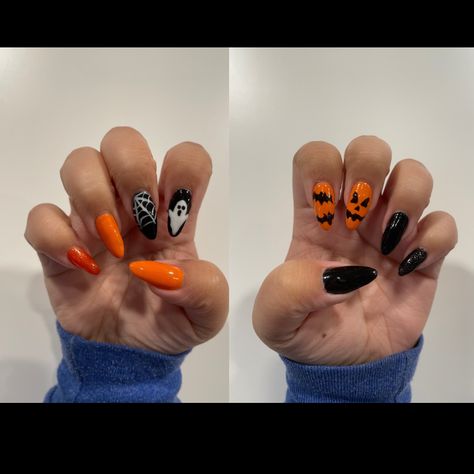 Jackolantern Nails, Ghost Jackolantern, Halloween Nails Almond, Simple Halloween Nails, Spooky Nails, Black Ghost, Halloween Orange, Nails Almond, Halloween Nail Designs