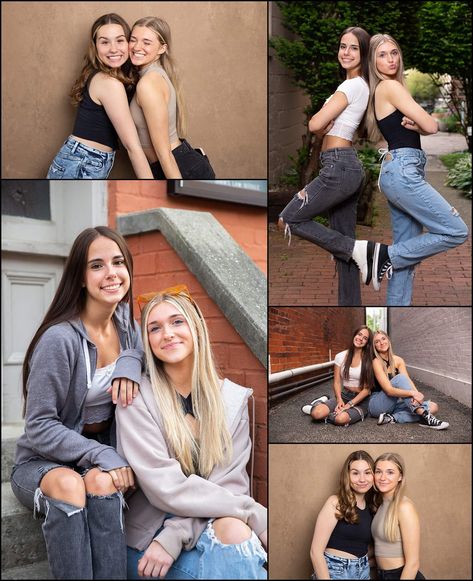 Senior Pic With Best Friend, Fun Senior Picture Ideas Best Friends, Senior Friend Photoshoot, Senior Picture Ideas For Best Friends, Photoshoot Poses For Best Friends, Best Friend Poses For Pictures, Senior Pictures With Twins, Best Friend Session Photo Ideas, Senior Pictures With Siblings