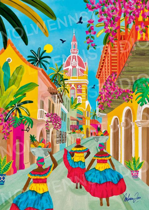 Illustration printed on 230 gr paper. Colorful illustration inspired by travel and nature. Perfect as a gift or to brighten up your wall, these works of art will transport you to distant lands. (The semi-transparent "NOLWENNSTUDIO" is just an image protection and does not appear on the print.) Colombia Illustration, Travel Illustration Art, Colombia Art, Jungle Theme Classroom, Colombian Culture, Colombian Art, Colombia Travel, City Poster, America Art