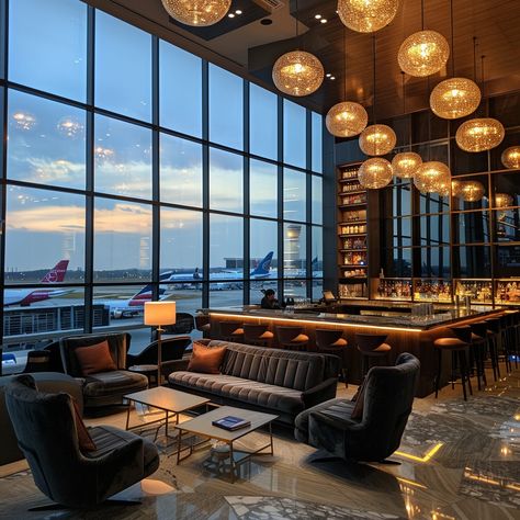 Airport Lounge Elegance: A sophisticated airport lounge awaits travelers with plush seating and a serene view of planes at dusk. #airport #lounge #luxury #travel #relaxation #aiart #aiphoto #stockcake ⬇️ Download and 📝 Prompt 👉 https://ayr.app/l/1Rpc Lounge Hotel Design, First Class Lounge Airport, Airport Lounge Aesthetic, Vip Lounge Design Luxury, Luxury Airport Lounge, Hotel Lounge Interior, Plane Luxury, Lounge Airport, Airport Vip Lounge