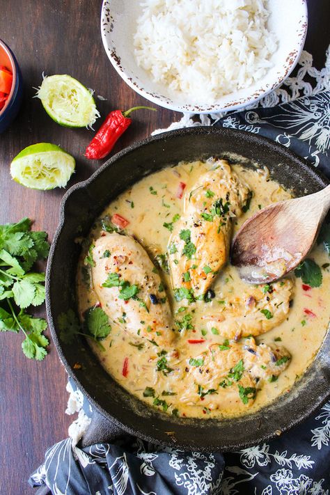 Creamy Coconut Lime Chicken Breasts - a one pan, Whole 30 approved dish made with only a handful of ingredients. Dairy Free + Paleo + Gluten Free Lime Chicken Breast, Coconut Lime Chicken, Whole30 Dinners, Recipe 30, Lime Chicken, Paleo Dinner, Coconut Lime, Cast Iron Skillet, Iron Skillet