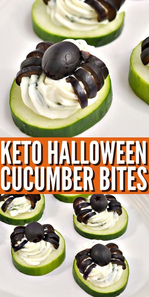 Keto Spider Cucumber Appetizer Bites #ketohalloweenspidercucumberbites #halloweenspidercucumberbites Cute Halloween Party Food Ideas, Halloween Party Small Bites, Veggies For Halloween Party, Halloween Cucumber Spider, Halloween Cucumber Sandwiches, Easy Halloween Snacks Healthy, Vegetable Halloween Snacks, Halloween Diy Snacks Parties Food, Halloween Keto Food