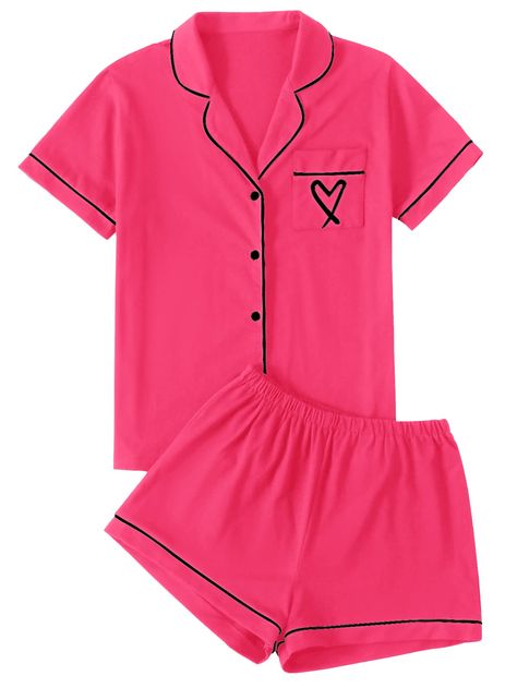 PRICES MAY VARY. Two piece sleepwear set feature with button down shirt and a pair of elastic waist shorts. Soft fabric, breathable and comfy to wear. Notch neck button front shirt top with a chest pocket with heart embroideried, elastic waistband shorts. Summer V neck shorts lounge set for women and girls. Contrast solid color, piping binding trim design, cute and elegant loungwear set. Relaxed fit and cozy style that you can style from day to night. Short sleeve notch collar pajamas set suitab Matching Pjs Friends Birthday, Matching Pjs Friends, 2000s Pjs, Baddie Pjs, Cute Pajamas For Women, Preppy Pjs, Roller Rabbit Pajamas, Wardrobe Build, Night Shirts For Women