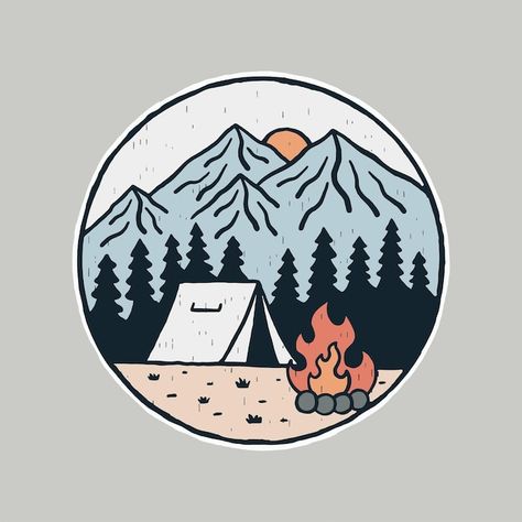 Camp Sticker Design, Camping Illustration Graphics, Camping Illustration Art, Camp Stickers, Logo Camping, Camp Icon, Patch T Shirt, Mountain Stickers, Adventure Illustration