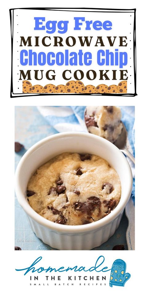 This Egg Free Microwave Chocolate Chip Mug Cookie is ready to enjoy from start to finish in under 5 minutes! It’s a single serving eggless chocolate chip cookie microwaved in a mug or ramekin. Your microwave chocolate chip cookie recipe is best eaten 10 minutes after you make it (so you don’t burn your tongue). It will not keep well the next day. Chocolate Chip Cookie For One, Chocolate Chip Mug Cookie, Cookie For One, Microwave Chocolate Chip Cookie, Mug Cookie, Chip Mug, In A Mug, Chocolate Chip Cookie, Egg Free