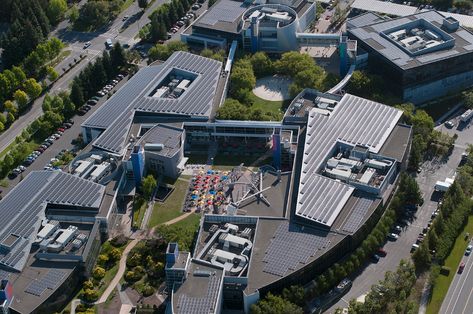 Aerial view of Google Headquarters (Googleplex), Mountain … | Flickr Google Campus, Google Headquarters, Solar Module, Urban Development, Aerial Photograph, Knowledge Quotes, Master Plan, Silicon Valley, Santa Clara